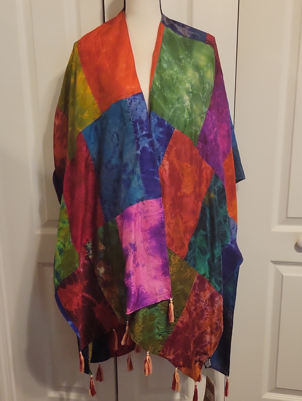 Colorblock Silk-Feel Kimono Wrap with Tassels Silk Eco Friendly Regular Boho